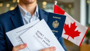Individual holding a Canadian passport and immigration documents with a Canadian flag in the background.
