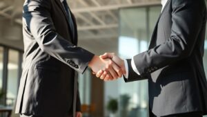Two businessmen in suits shaking hands in a professional setting.