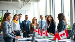 Canadian employer and employees meeting in modern office