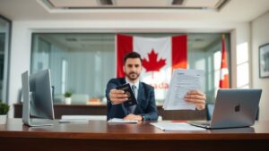 Passport and documents with Canadian flag on desk