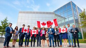 Professionals with Canadian flags outside office building