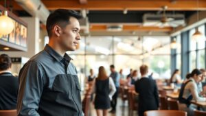 Restaurant supervisor leading staff in busy dining area
