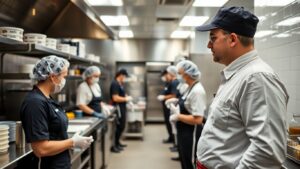 Restaurant supervisor overseeing staff hygiene in commercial kitchen