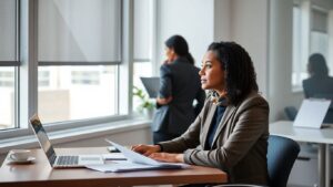 Worker at desk waiting in modern Canadian office