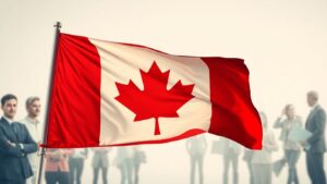 Canadian flag with diverse professionals