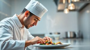 Chef plating a gourmet dish in a kitchen