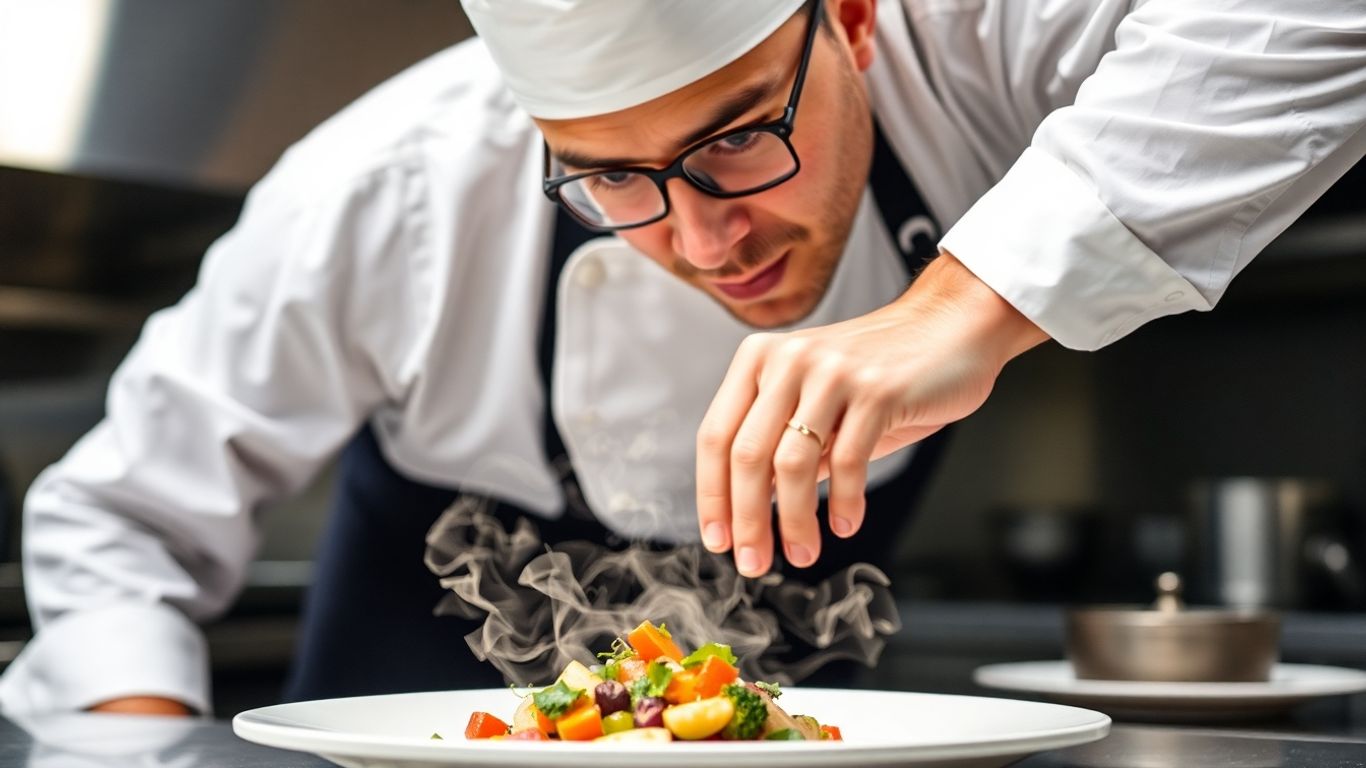 Chef plating a gourmet meal in a kitchen