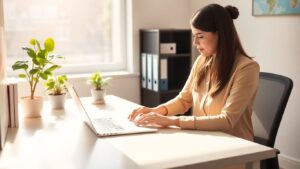 Administrative assistant working at a desk in Canada.