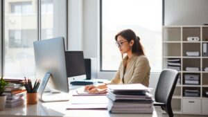 Administrative assistant working in a modern office.