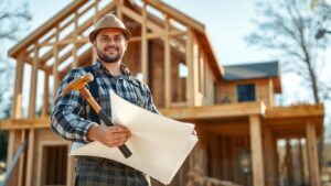 Canadian carpenter with tools and house frame.