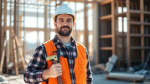 Canadian carpenter with tools at a construction site.