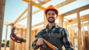 Canadian carpenter with tools on a construction site