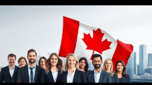 Canadian flag and diverse professionals