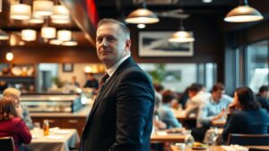 Restaurant manager overseeing dining room operations